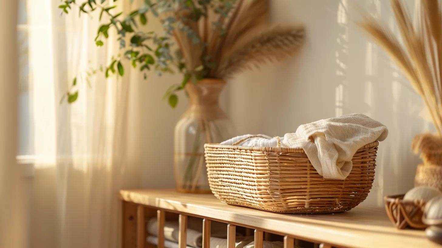 a beautifully arranged nursery showcases a stylish moses basket crafted from natural, sustainable materials, highlighting its eco-friendly appeal against a modern, minimalist backdrop.