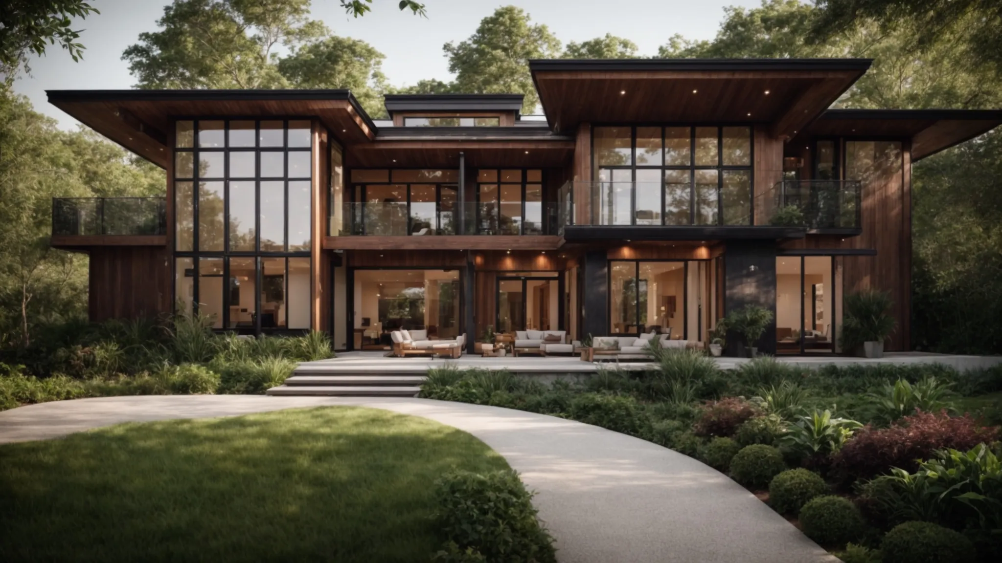 a beautifully crafted custom home stands proudly in a lush, green landscape, showcasing exquisite materials and sustainable design practices that highlight the harmony between architecture and nature. a beautifully crafted custom home stands proudly in a lush, green landscape, showcasing exquisite materials and sustainable design practices that highlight the harmony between architecture and nature.