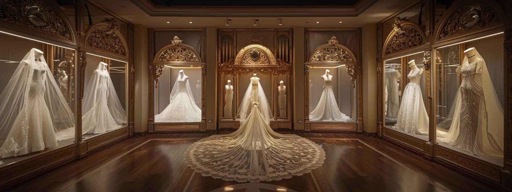 a beautifully designed bridal studio showcasing a stunning array of custom veils elegantly displayed on ornate mannequins, illuminated by soft, warm lighting that accentuates the intricate craftsmanship and personalized designs tailored to reflect each bride's unique vision. a beautifully designed bridal studio showcasing a stunning array of custom veils elegantly displayed on ornate mannequins, illuminated by soft, warm lighting that accentuates the intricate craftsmanship and personalized designs tailored to reflect each bride's unique vision.