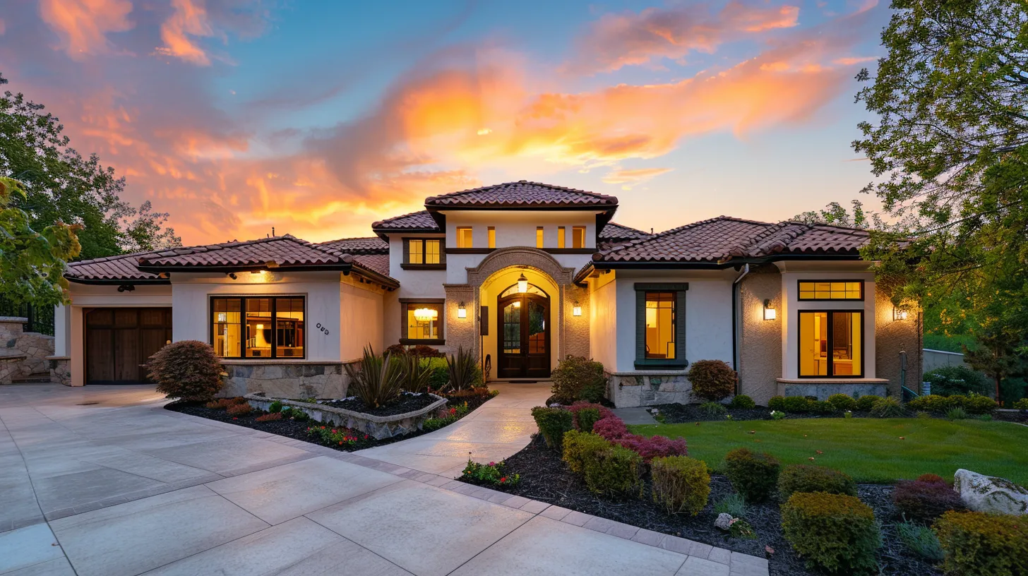 a beautifully designed custom home stands proudly in a serene gated community, with large windows revealing a cozy interior filled with elegant cabinetry and warm flooring, all bathed in the soft golden light of a late afternoon sun. a beautifully designed custom home stands proudly in a serene gated community, with large windows revealing a cozy interior filled with elegant cabinetry and warm flooring, all bathed in the soft golden light of a late afternoon sun.