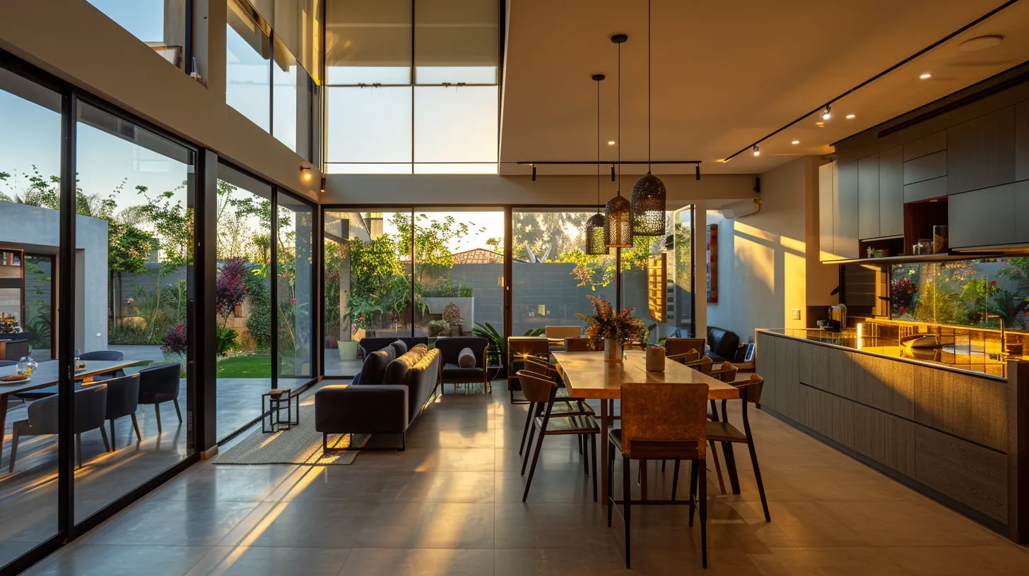 a beautifully designed modern home interior showcases a seamless blend of sleek aesthetics and practical living spaces, bathed in warm, natural light that highlights its functional elegance. a beautifully designed modern home interior showcases a seamless blend of sleek aesthetics and practical living spaces, bathed in warm, natural light that highlights its functional elegance.