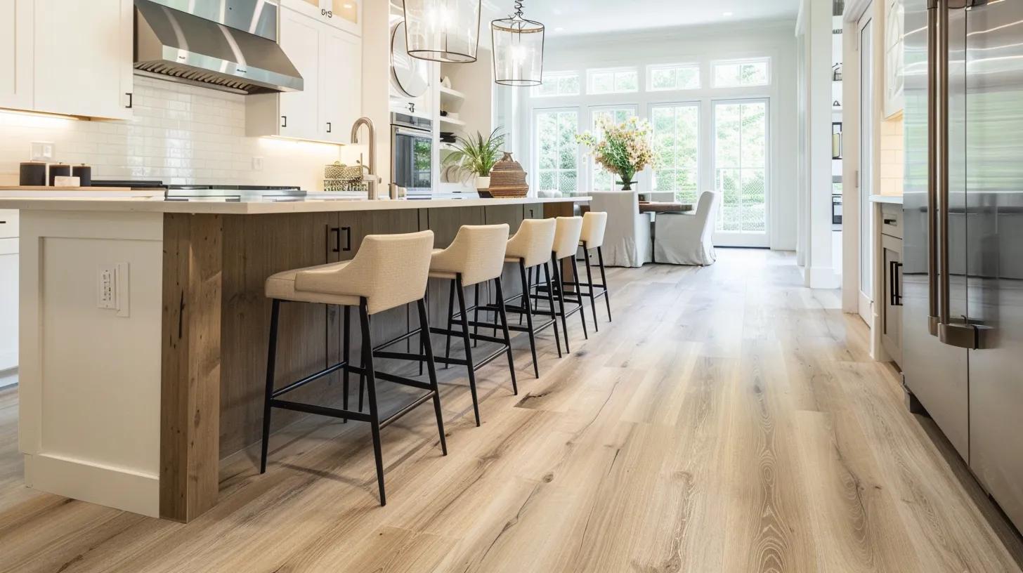 a beautifully designed modern kitchen showcases elegant luxury vinyl plank flooring, reflecting warmth and sophistication while emphasizing its durability and appeal for high-traffic living spaces. a beautifully designed modern kitchen showcases elegant luxury vinyl plank flooring, reflecting warmth and sophistication while emphasizing its durability and appeal for high-traffic living spaces.