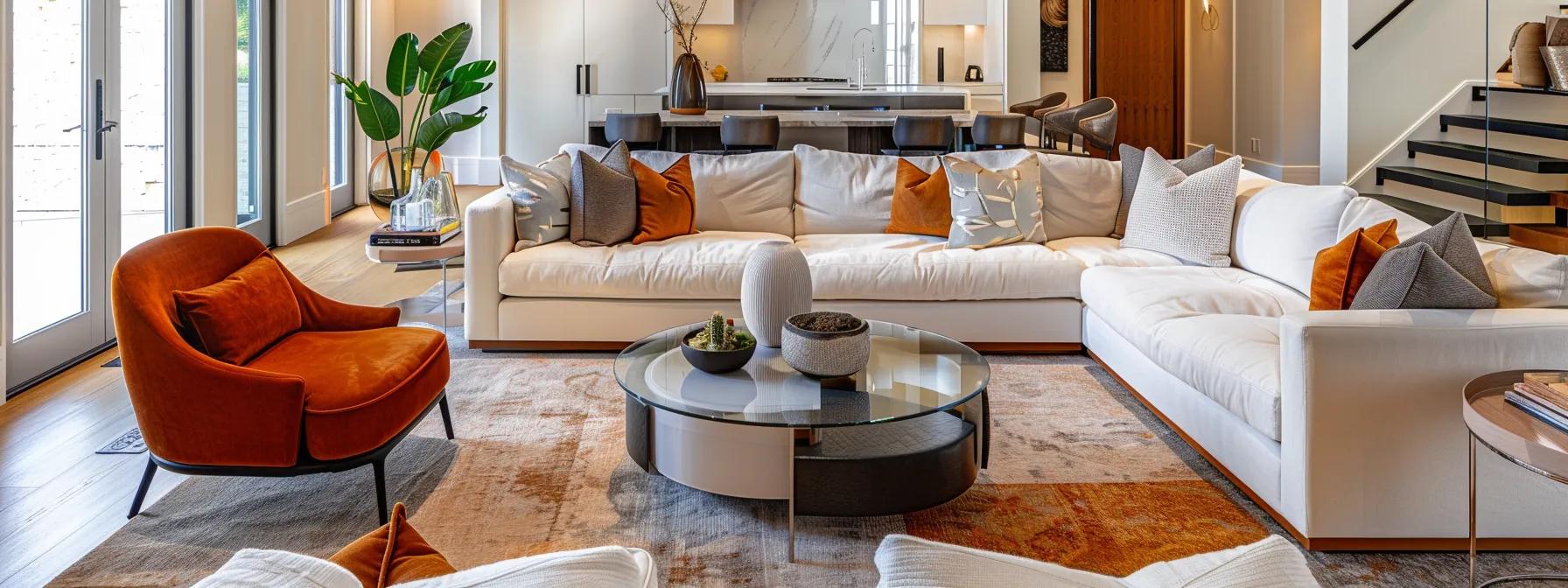 a beautifully designed, modern living room showcases elegant, custom furniture pieces by basilica, featuring rich textures and sophisticated colors, with a cozy ambiance that invites family gatherings.
