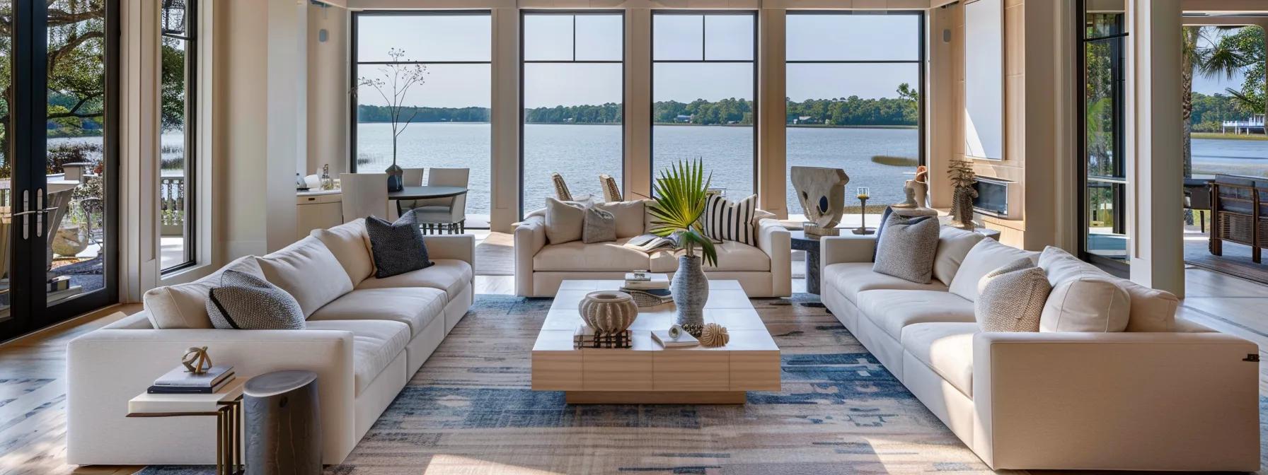 a beautifully designed upscale coastal-southern interior showcases luxurious custom furniture in a spacious lakefront living area, featuring elegant textures and a refined color palette that exudes sophistication and comfort.