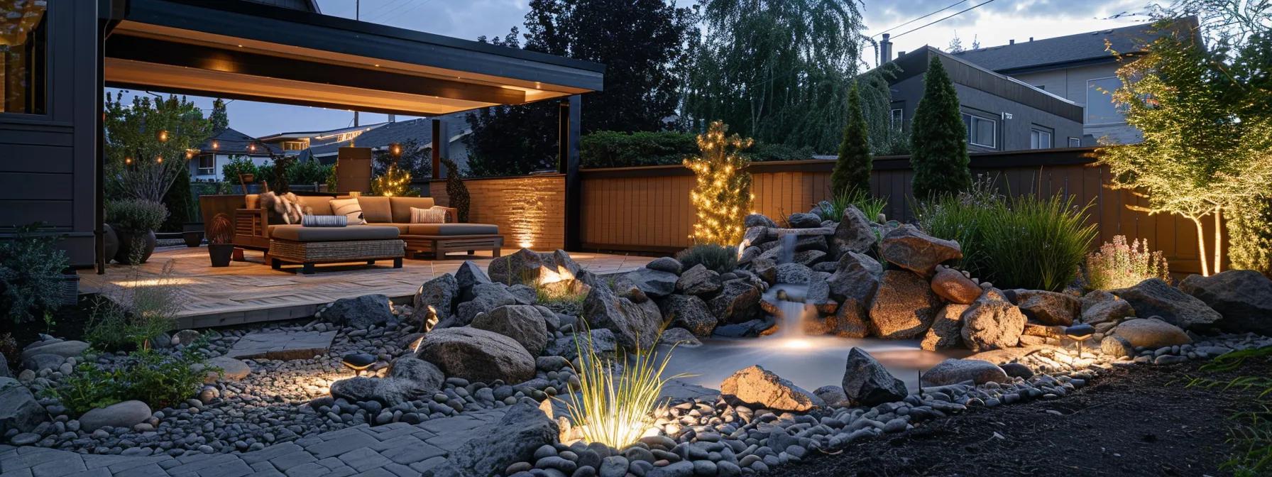 a beautifully designed urban backyard oasis in idaho falls, featuring a modern patio with elegant outdoor furniture surrounded by meticulously arranged rocks and decorative lighting, showcasing the allure of stunning landscaping transformation. a beautifully designed urban backyard oasis in idaho falls, featuring a modern patio with elegant outdoor furniture surrounded by meticulously arranged rocks and decorative lighting, showcasing the allure of stunning landscaping transformation.