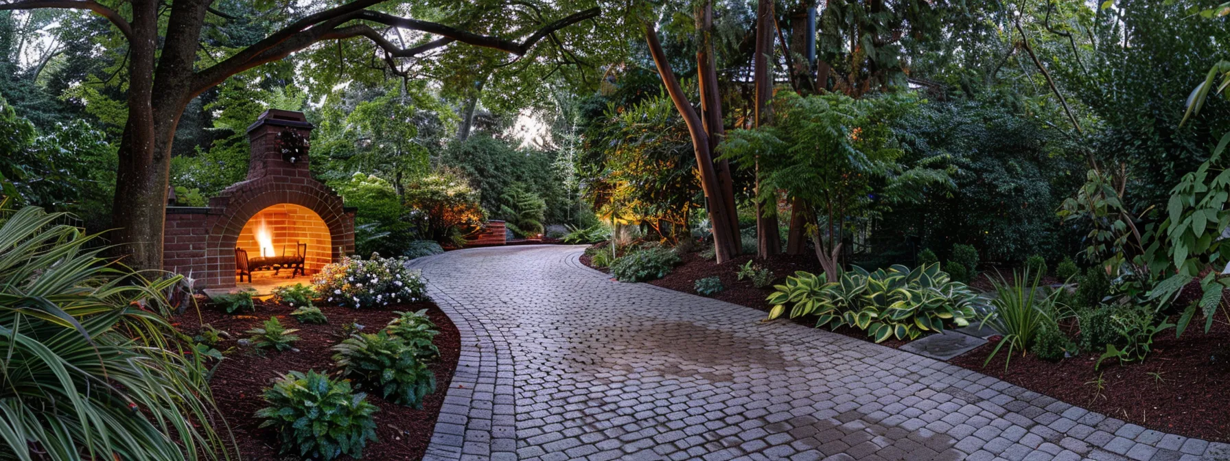 a beautifully landscaped driveway featuring a paver drive bordered by lush mulch beds and a charming small fireplace, enhancing the entrance of a home. a beautifully landscaped driveway featuring a paver drive bordered by lush mulch beds and a charming small fireplace, enhancing the entrance of a home.
