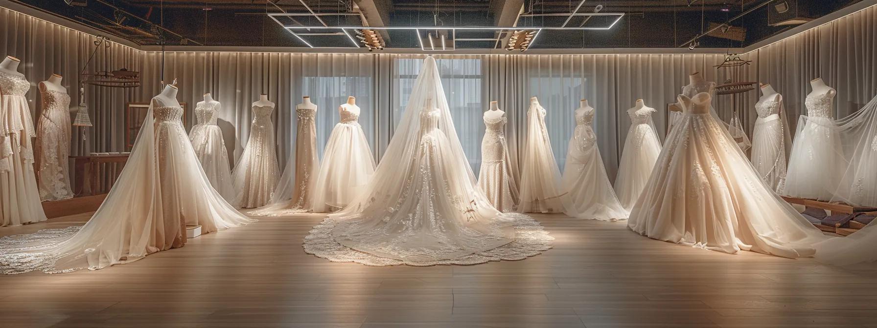 a beautifully lit bridal studio showcases a diverse array of exquisite, handcrafted veils elegantly displayed on chic mannequins, emphasizing the blend of technical craftsmanship and personal style in the wedding design process. a beautifully lit bridal studio showcases a diverse array of exquisite, handcrafted veils elegantly displayed on chic mannequins, emphasizing the blend of technical craftsmanship and personal style in the wedding design process.