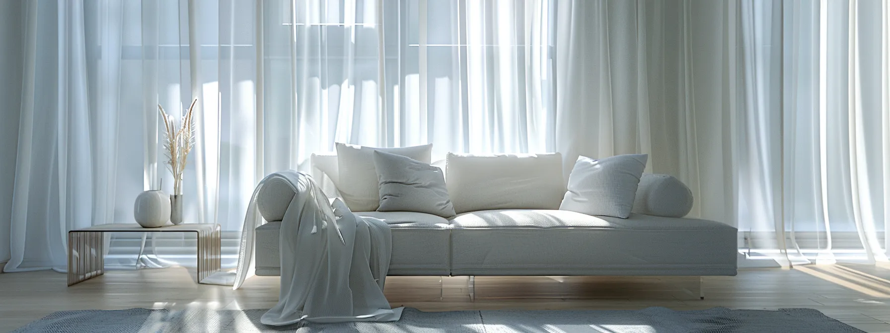 a beautifully lit modern living room showcases pristine sheer white curtains gently billowing in the breeze, highlighting their immaculate cleanliness and delicate texture, with a stylish couch and minimalist decor in the background.