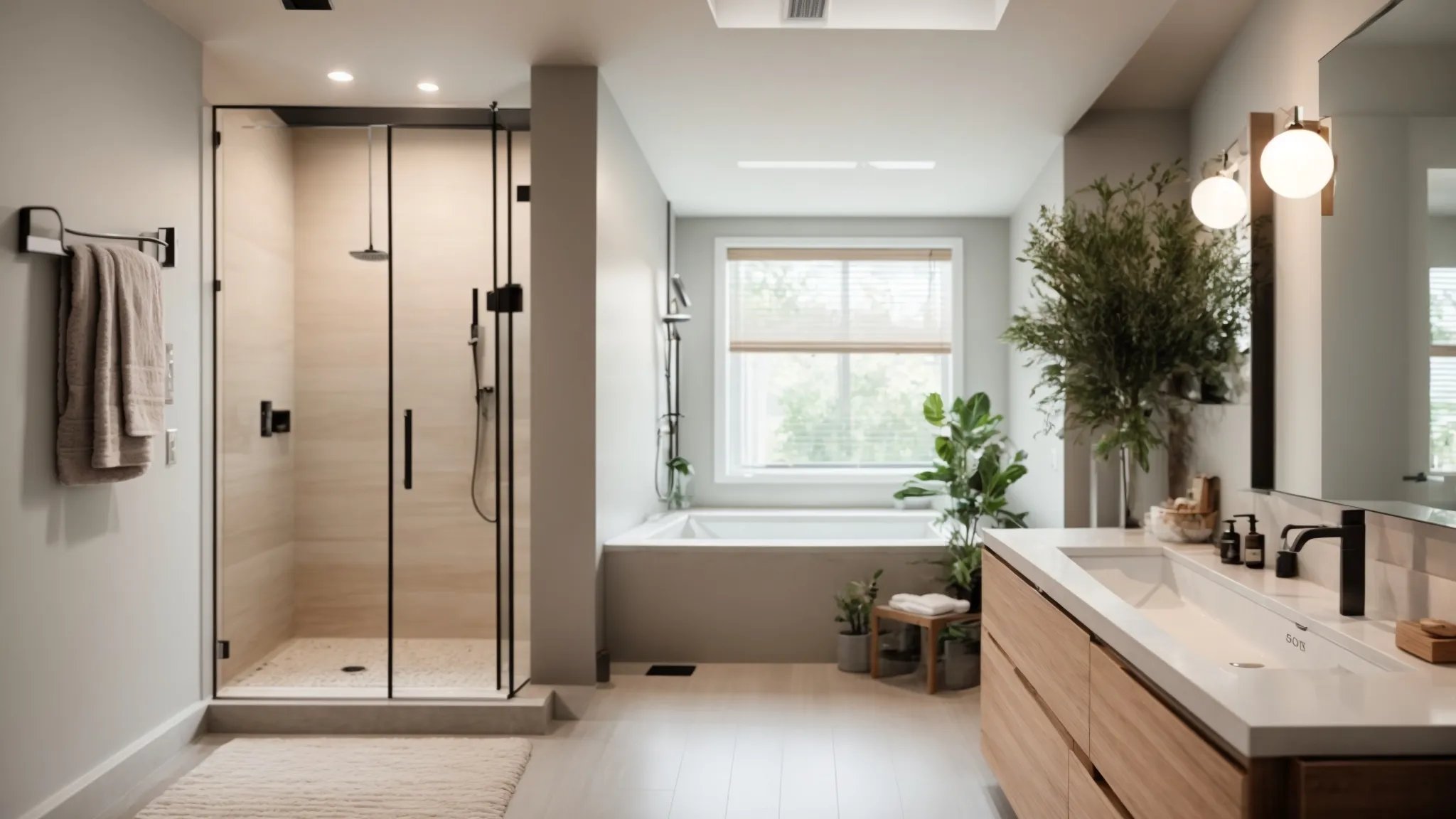 a beautifully renovated modern bathroom featuring a stunning walk-in shower and serene color palette, symbolizing the balance between functional design choices and budget-conscious decisions. a beautifully renovated modern bathroom featuring a stunning walk-in shower and serene color palette, symbolizing the balance between functional design choices and budget-conscious decisions.