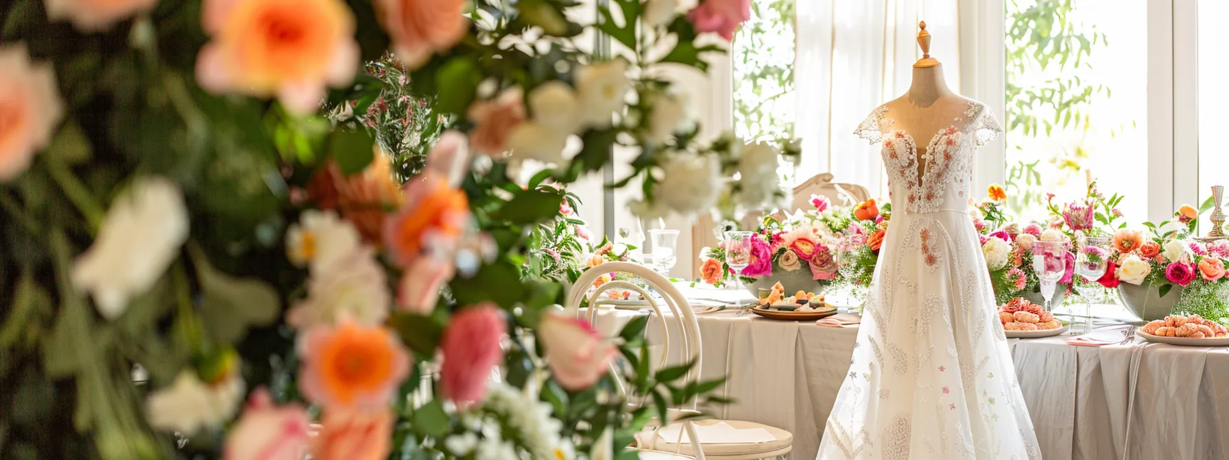 a beautifully styled bridal shower setup features an elegant table adorned with vibrant seasonal flowers, intricate fairy accents, and a stunning white floral dress displayed prominently, all set against a chic indoor venue that radiates celebration and charm. a beautifully styled bridal shower setup features an elegant table adorned with vibrant seasonal flowers, intricate fairy accents, and a stunning white floral dress displayed prominently, all set against a chic indoor venue that radiates celebration and charm.