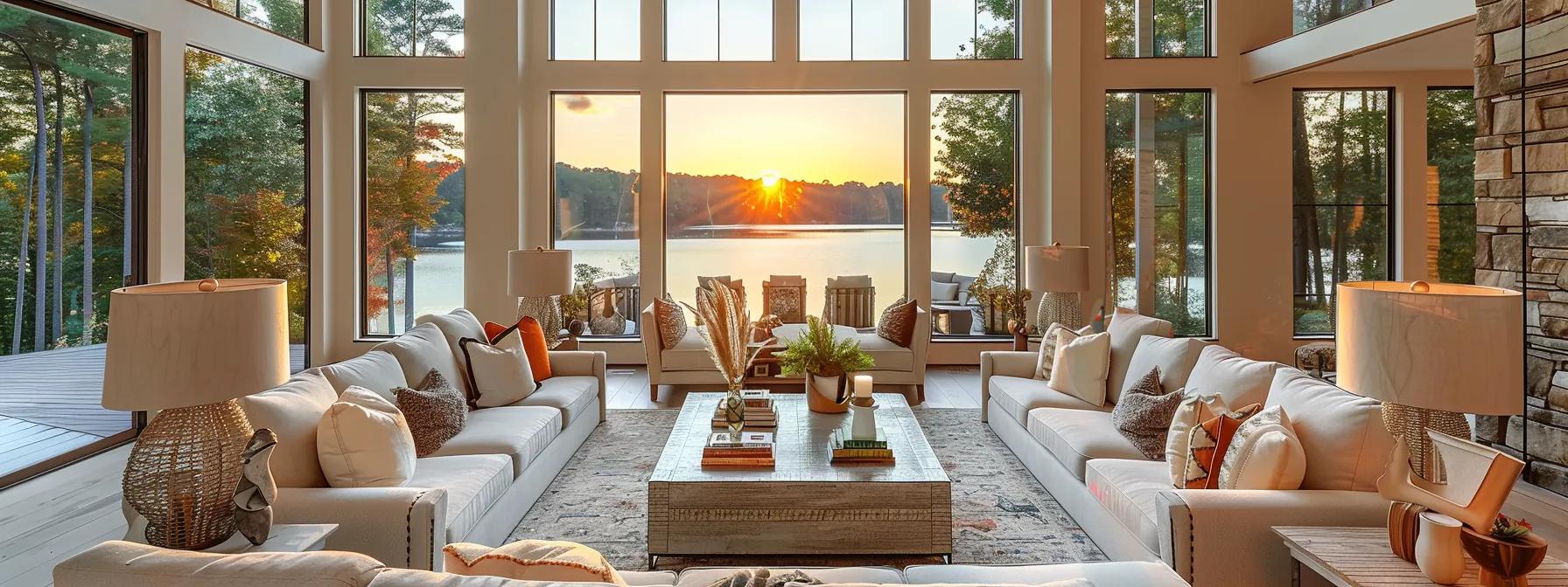 a beautifully styled lakeside living room featuring bespoke furniture pieces and elegant decor, set against a backdrop of large windows showcasing serene views of lake lanier, with warm, inviting lighting that highlights the craftsmanship and tranquility of lakeside living.