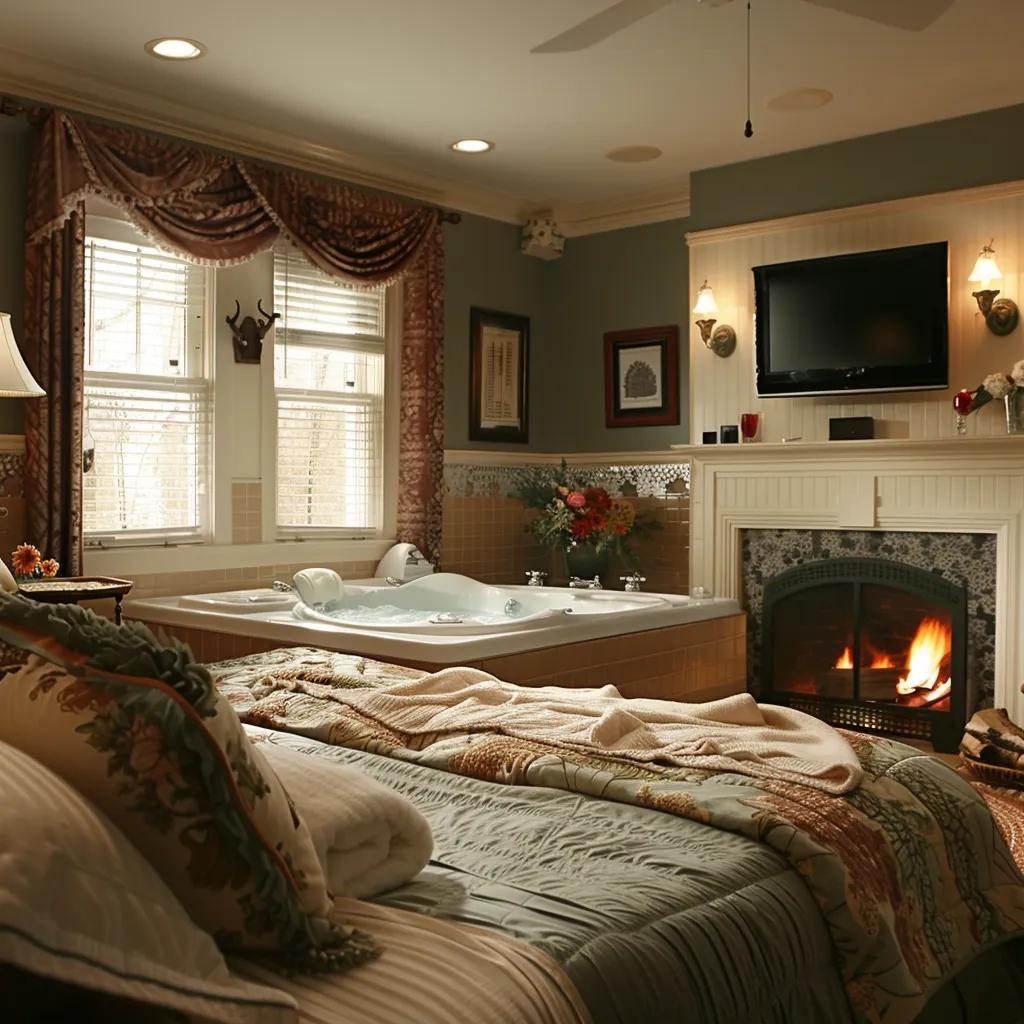 Luxurious bed and breakfast room with king-size bed, fireplace, and spa tub Luxurious bed and breakfast room with king-size bed, fireplace, and spa tub