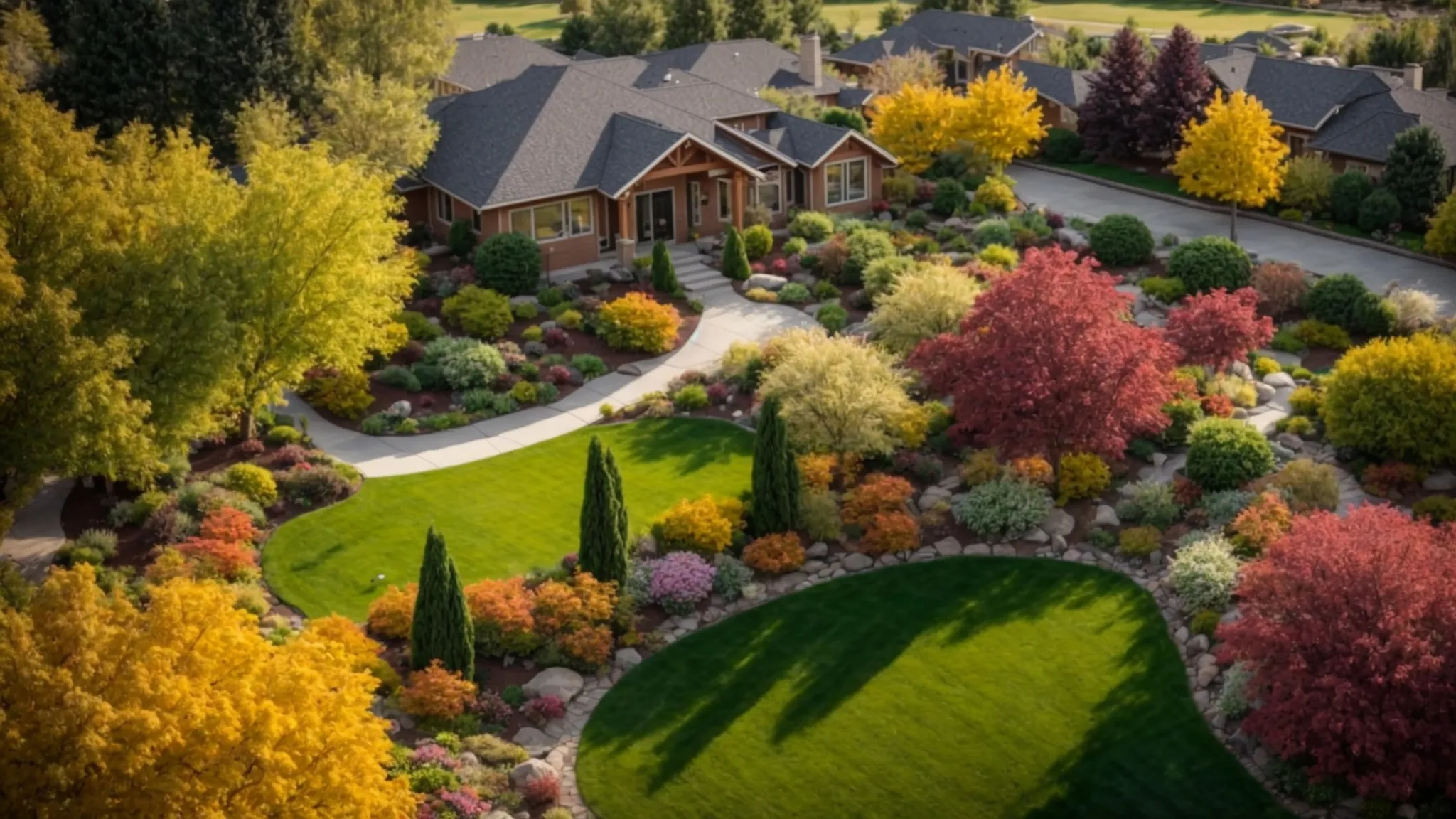 a breathtaking aerial view of a beautifully landscaped garden in idaho falls, featuring intricately designed flower beds, lush greenery, and serene water features, bathed in warm golden sunlight to highlight its vibrant colors. a breathtaking aerial view of a beautifully landscaped garden in idaho falls, featuring intricately designed flower beds, lush greenery, and serene water features, bathed in warm golden sunlight to highlight its vibrant colors.