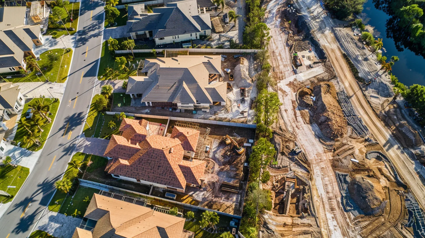 a breathtaking aerial view of a meticulously planned custom home site, showcasing organized sections for construction with clear pathways and lush surroundings, emphasizing the importance of thoughtful design and accessibility. a breathtaking aerial view of a meticulously planned custom home site, showcasing organized sections for construction with clear pathways and lush surroundings, emphasizing the importance of thoughtful design and accessibility.