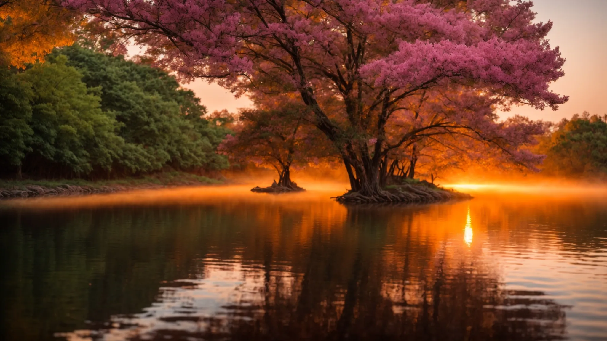 a breathtaking sunset casts a warm golden hue over a tranquil lake, reflecting vibrant hues of orange and pink in the still water surrounded by lush, green trees.