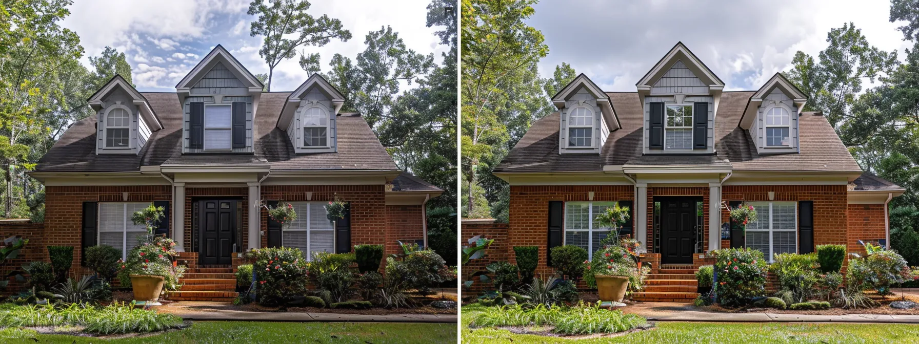 a brick house being carefully inspected for damage, with surrounding plants and fixtures protected before pressure washing begins. a brick house being carefully inspected for damage, with surrounding plants and fixtures protected before pressure washing begins.