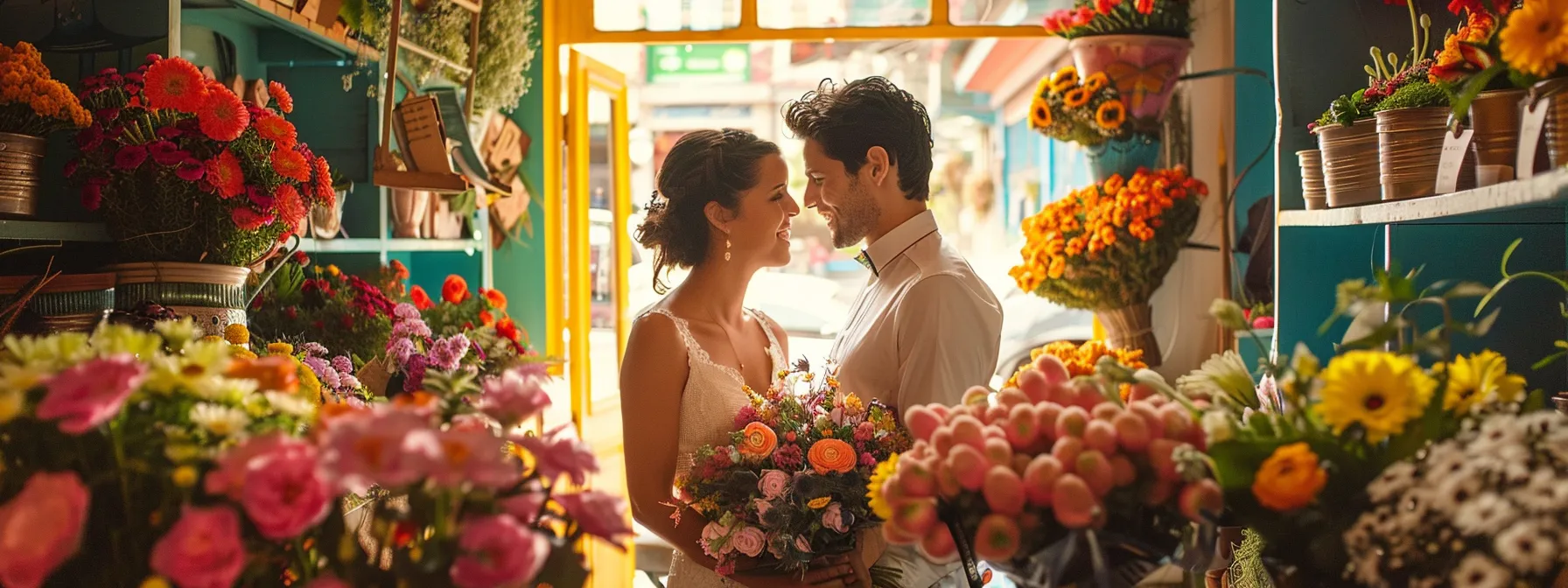 a bride and groom happily selecting vibrant flowers from a colourful array of blooms, surrounded by helpful staff in a quaint floral shop. a bride and groom happily selecting vibrant flowers from a colourful array of blooms, surrounded by helpful staff in a quaint floral shop.