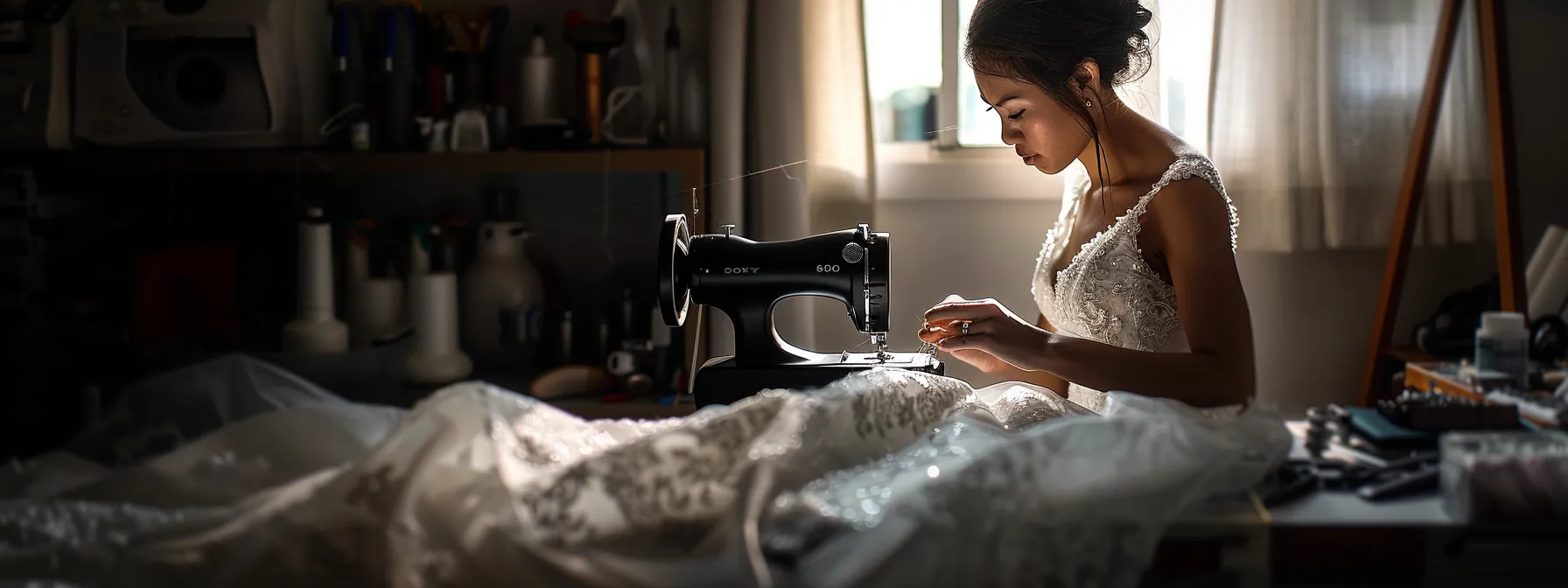 a bride carefully adjusting the length of her wedding gown with a sewing machine, surrounded by tools and supplies for dress alterations. a bride carefully adjusting the length of her wedding gown with a sewing machine, surrounded by tools and supplies for dress alterations.