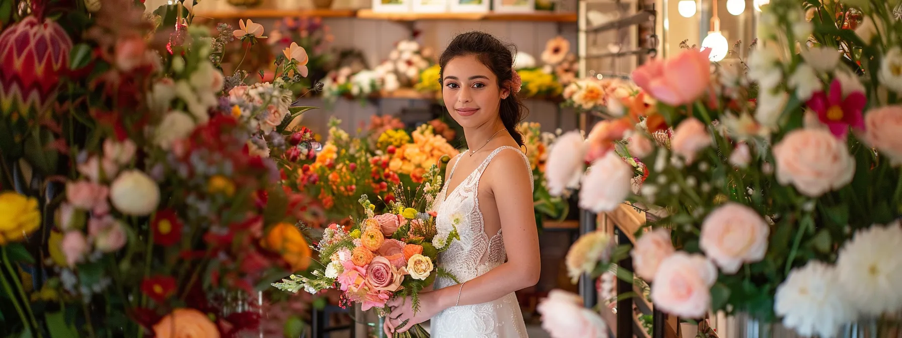 a bride standing in a vibrant flower shop surrounded by colourful blooms, discussing floral arrangements with a skilled sunshine coast florist. a bride standing in a vibrant flower shop surrounded by colourful blooms, discussing floral arrangements with a skilled sunshine coast florist.
