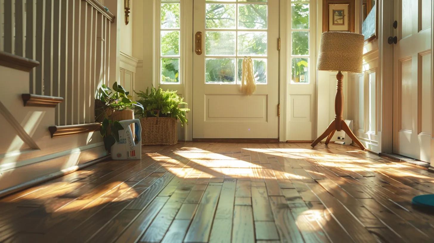 a bright and inviting atlanta home interior features sun-drenched wood floors showcasing signs of summer wear, complemented by a stylish cleaning kit strategically placed nearby, emphasizing the theme of floor restoration.