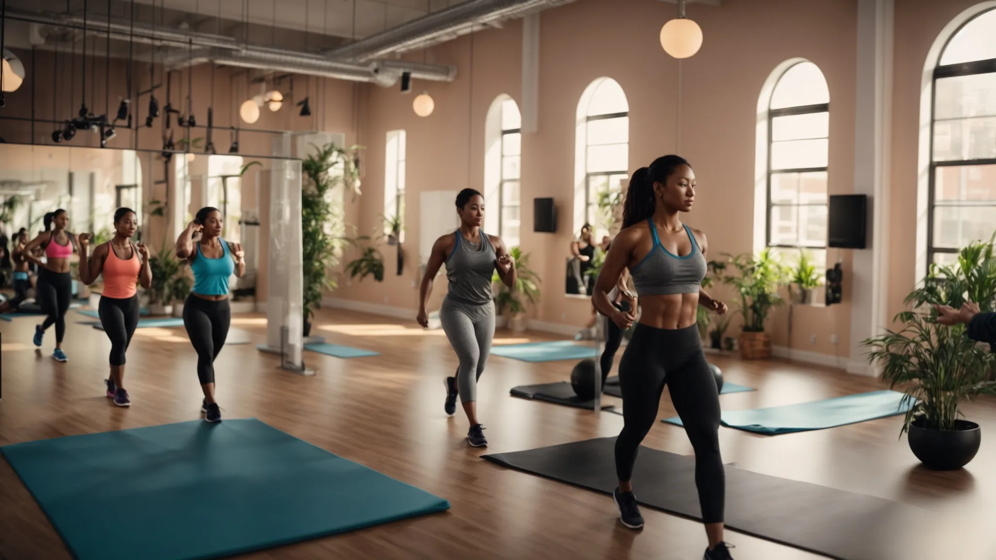 a bright and inviting fitness studio, bustling with diverse members engaged in a zumba class, featuring a sleek interface on a digital screen that showcases customizable schedules and integrated billing tools, all under warm, motivational lighting. a bright and inviting fitness studio, bustling with diverse members engaged in a zumba class, featuring a sleek interface on a digital screen that showcases customizable schedules and integrated billing tools, all under warm, motivational lighting.