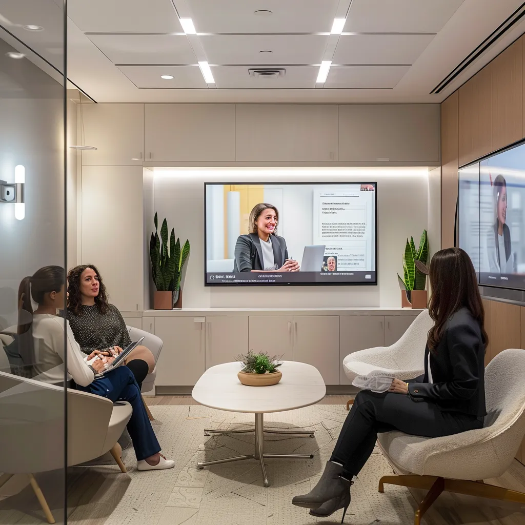 a bright and modern telehealth office, with clients engaged in supportive, virtual therapy sessions, and a large screen displaying uplifting mental health resources in a professional, welcoming atmosphere.