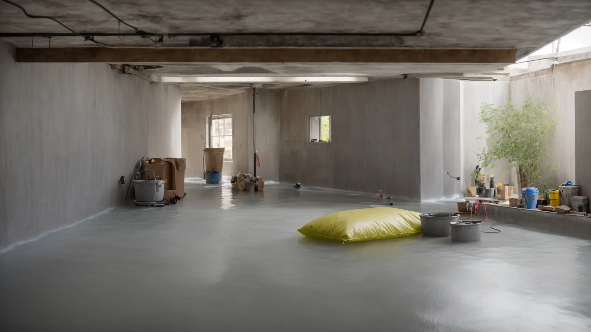 a bright and professional basement workspace showcases contractors applying waterproofing membranes to exposed concrete walls while sealing cracks with hydraulic cement, highlighting the meticulous process of waterproofing for residential homes. a bright and professional basement workspace showcases contractors applying waterproofing membranes to exposed concrete walls while sealing cracks with hydraulic cement, highlighting the meticulous process of waterproofing for residential homes.