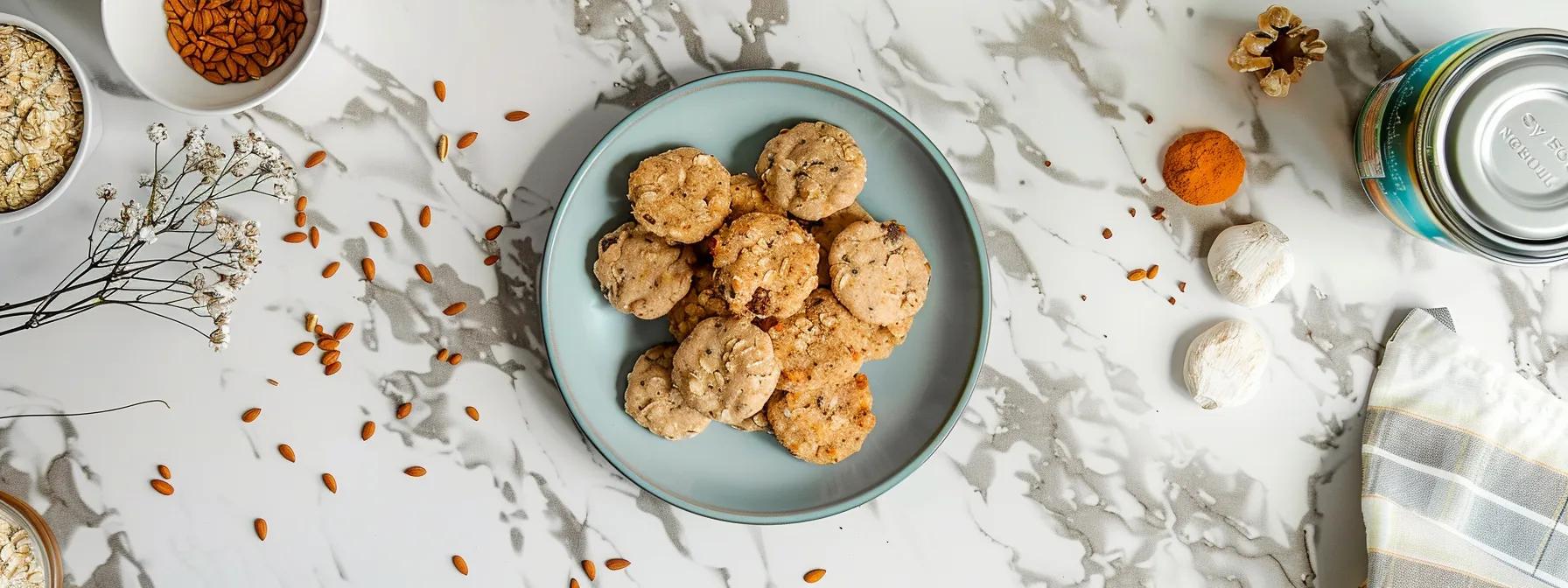 a bright, inviting kitchen countertop showcases a variety of freshly baked, simple hypoallergenic dog treats arranged on a colorful decorative plate, surrounded by minimalist ingredients like oats and pumpkin, emphasizing a friendly, homey atmosphere perfect for dog lovers. a bright, inviting kitchen countertop showcases a variety of freshly baked, simple hypoallergenic dog treats arranged on a colorful decorative plate, surrounded by minimalist ingredients like oats and pumpkin, emphasizing a friendly, homey atmosphere perfect for dog lovers.