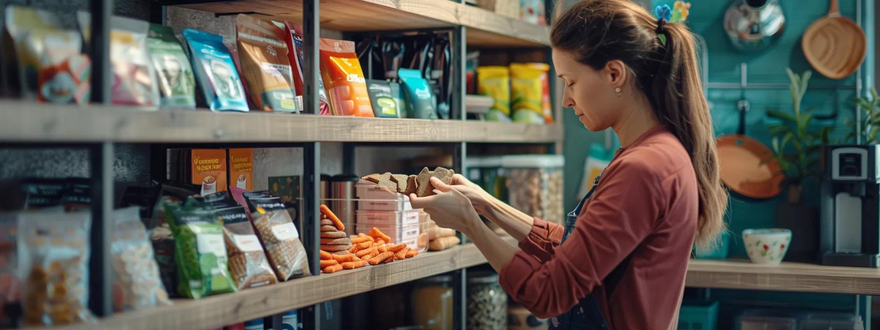 a bright, modern kitchen setting featuring an open pantry stocked with neatly arranged hypoallergenic dog treats, with a pet owner thoughtfully examining the ingredient labels against a backdrop of colorful packaging, emphasizing careful selection for sensitive pets. a bright, modern kitchen setting featuring an open pantry stocked with neatly arranged hypoallergenic dog treats, with a pet owner thoughtfully examining the ingredient labels against a backdrop of colorful packaging, emphasizing careful selection for sensitive pets.
