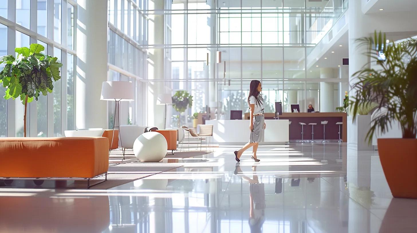 a bright, modern office space showcases a cleaning professional using advanced equipment to effectively remove dust and allergens from surfaces, emphasizing the importance of maintaining optimal indoor air quality for respiratory health.