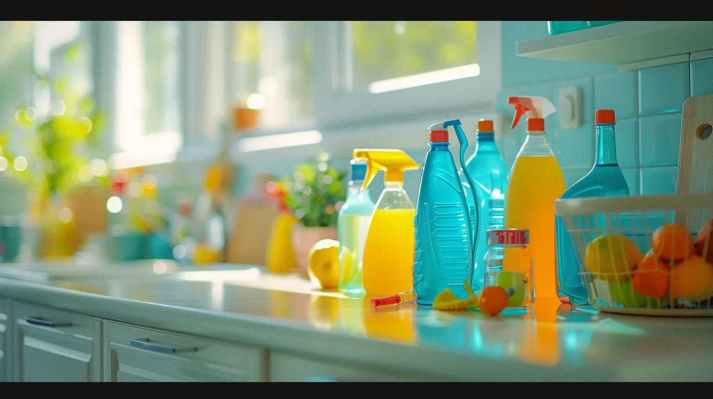 a bright, organized family kitchen is filled with vibrant eco-friendly cleaning products neatly arranged on the counter, emphasizing their safety and effectiveness in a school preparation environment.