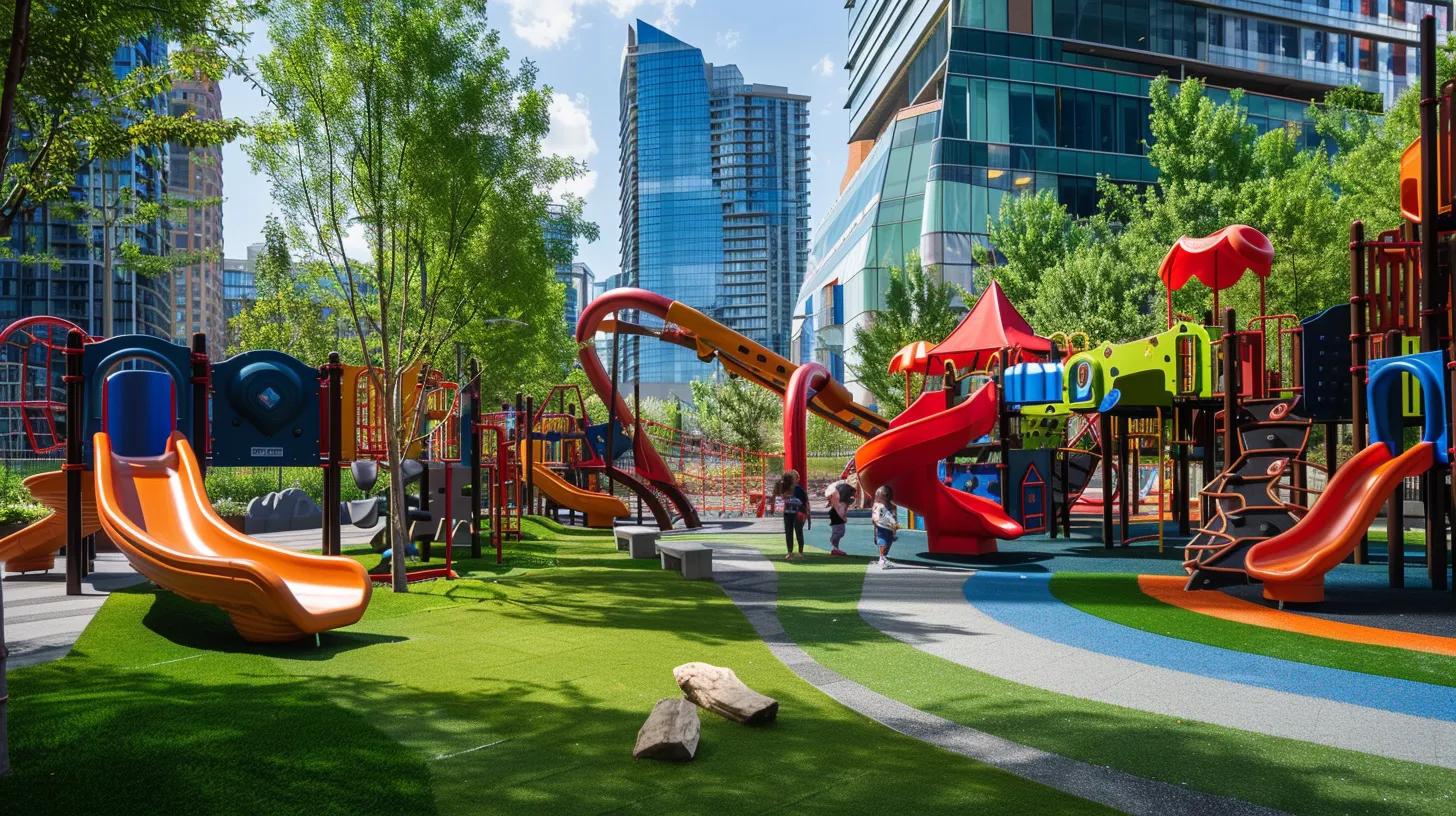 a brightly colored playground featuring vibrant synthetic grass, surrounded by playful equipment and children happily engaging in activities, set against a modern urban backdrop to emphasize safety and durability. a brightly colored playground featuring vibrant synthetic grass, surrounded by playful equipment and children happily engaging in activities, set against a modern urban backdrop to emphasize safety and durability.