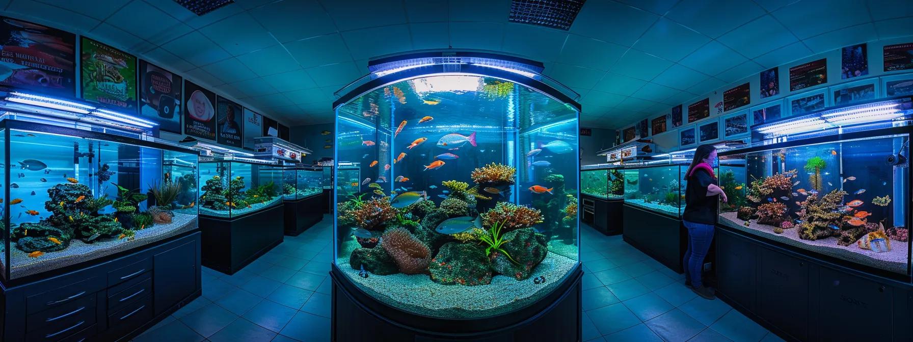 a brightly lit, modern aquarium shop showcases a vibrant selection of colorful, healthy fish in well-maintained tanks, with a knowledgeable staff member guiding a customer through the process of selecting compatible species for a home aquarium. a brightly lit, modern aquarium shop showcases a vibrant selection of colorful, healthy fish in well-maintained tanks, with a knowledgeable staff member guiding a customer through the process of selecting compatible species for a home aquarium.