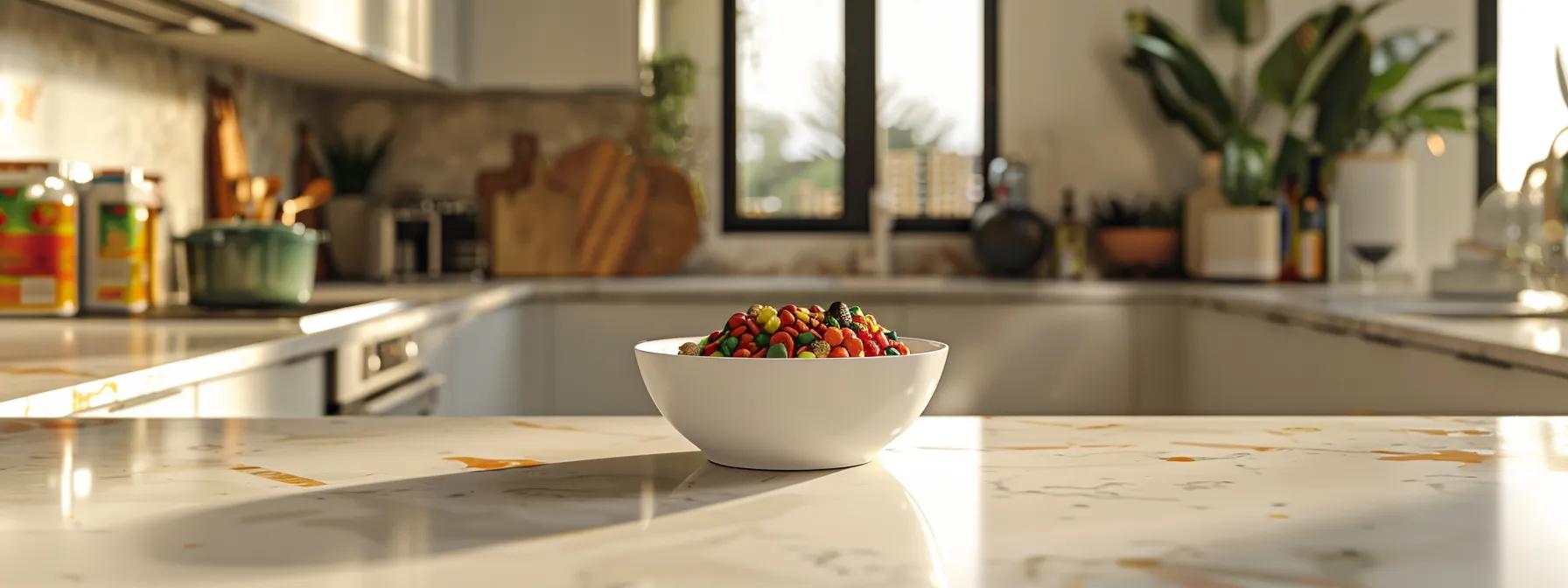 a brightly lit, modern kitchen showcases a sleek bowl of colorful kibble on a polished countertop, emphasizing the practicality and appeal of pet nutrition choices amidst a backdrop of neatly arranged gourmet cat food packages. a brightly lit, modern kitchen showcases a sleek bowl of colorful kibble on a polished countertop, emphasizing the practicality and appeal of pet nutrition choices amidst a backdrop of neatly arranged gourmet cat food packages.