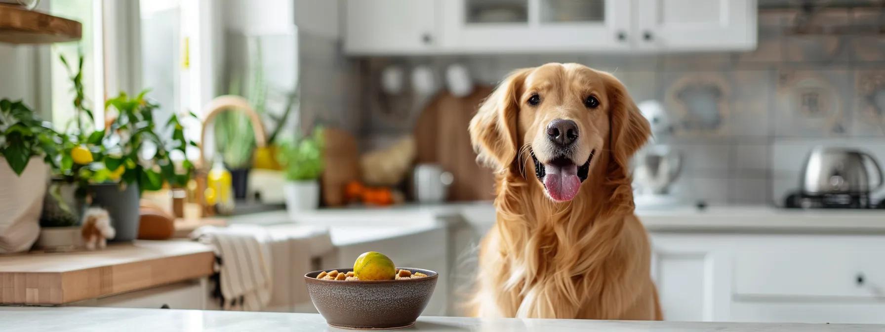 a brightly lit modern kitchen shows a cheerful golden retriever eagerly enjoying a bowl of gourmet hypoallergenic dog treats, highlighting the benefits of allergen-free nutrition in a clean, organized space.
