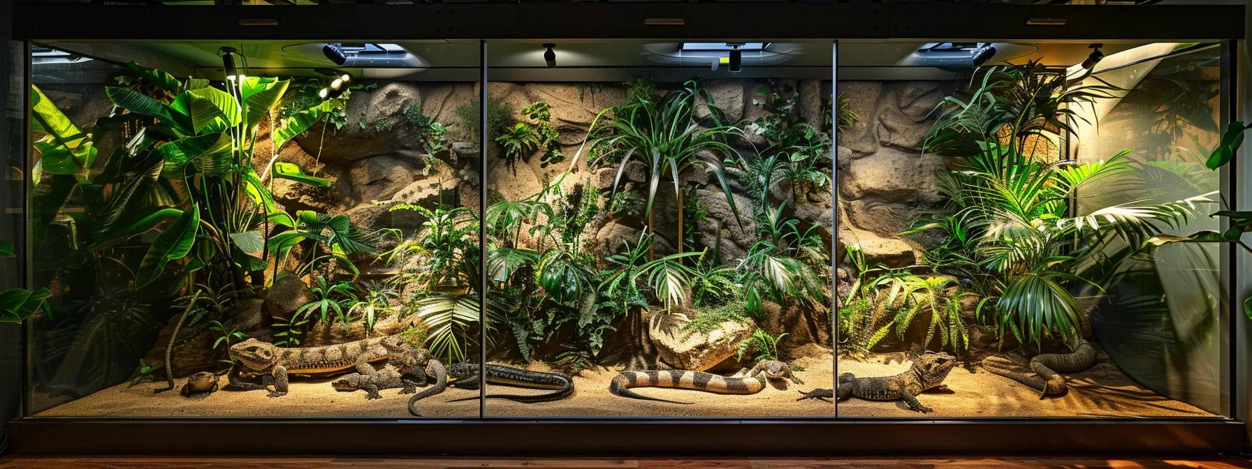 a brightly lit, modern reptile habitat displays a well-installed lighting system with sleek fixtures, showcasing a variety of reptiles basking under strategically positioned lights, emphasizing the importance of proper installation and maintenance for a vibrant and safe environment. a brightly lit, modern reptile habitat displays a well-installed lighting system with sleek fixtures, showcasing a variety of reptiles basking under strategically positioned lights, emphasizing the importance of proper installation and maintenance for a vibrant and safe environment.