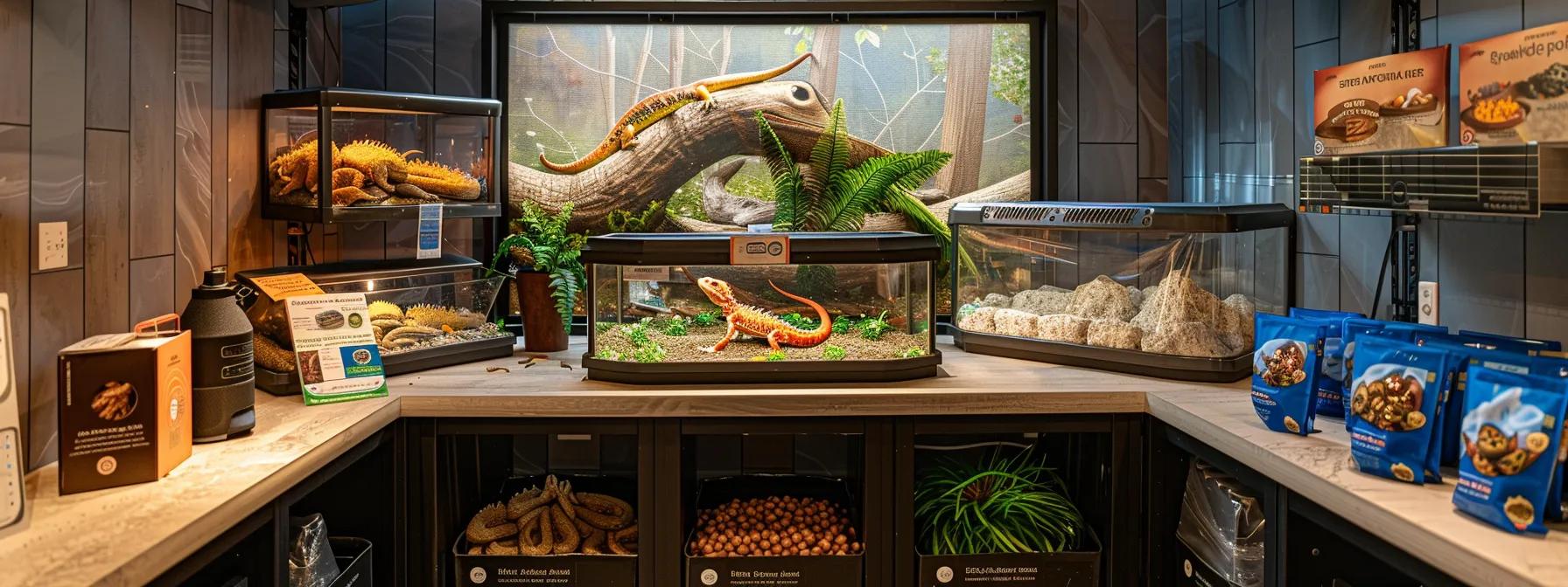 a brightly lit, modern reptile care workspace showcases expert feeding guides, manuals, and a variety of live food items artfully arranged around a spacious enclosure housing a vibrant bearded dragon, emphasizing the meticulous organization essential for comprehensive reptile care. a brightly lit, modern reptile care workspace showcases expert feeding guides, manuals, and a variety of live food items artfully arranged around a spacious enclosure housing a vibrant bearded dragon, emphasizing the meticulous organization essential for comprehensive reptile care.