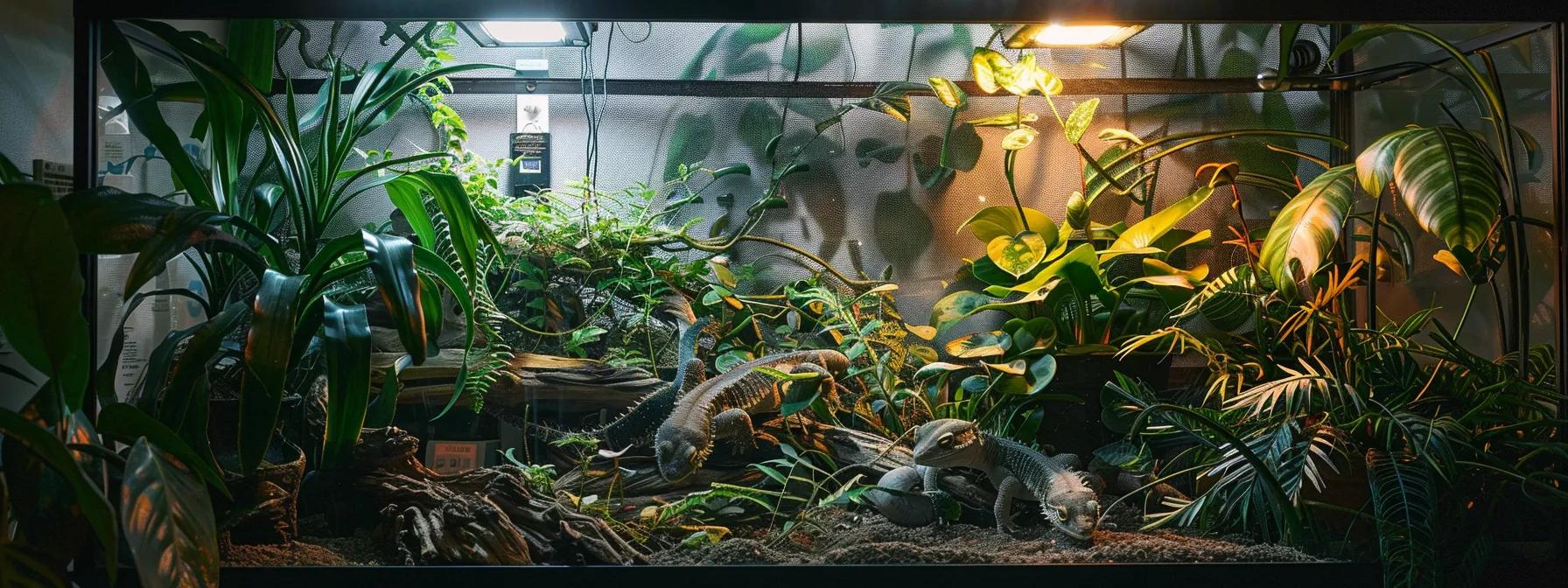 a brightly lit, modern terrarium setup showcasing a balanced environment for crested geckos, featuring an automatic misting system and humidity gauges that illustrate the optimal temperature and humidity levels for their well-being. a brightly lit, modern terrarium setup showcasing a balanced environment for crested geckos, featuring an automatic misting system and humidity gauges that illustrate the optimal temperature and humidity levels for their well-being.