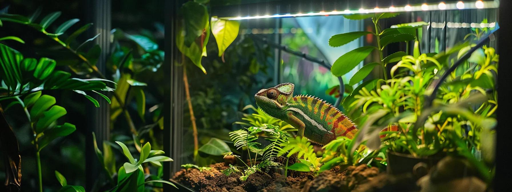 a brightly lit, modern terrarium setup in an office environment showcases a vibrant veiled chameleon basking beneath synchronized uvb and uva lighting, emphasizing the importance of proper illumination for their health and well-being. a brightly lit, modern terrarium setup in an office environment showcases a vibrant veiled chameleon basking beneath synchronized uvb and uva lighting, emphasizing the importance of proper illumination for their health and well-being.