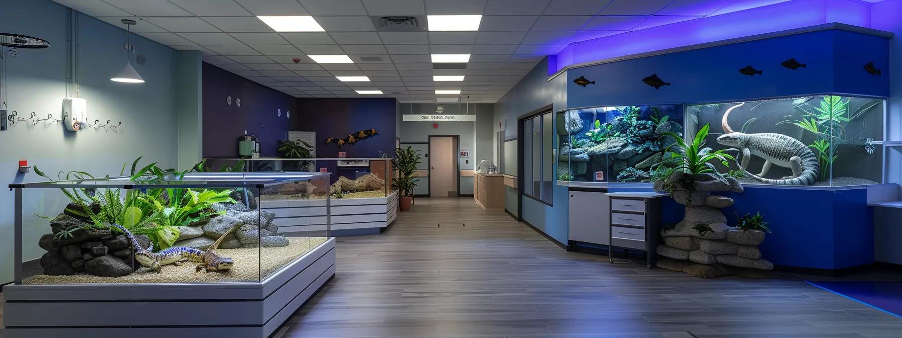 a brightly lit modern veterinary clinic showcases a reptile enclosure featuring optimal uvb lighting, illuminating signs of a healthy habitat with basking zones and monitoring equipment, emphasizing the importance of preventive care against uvb deficiency. a brightly lit modern veterinary clinic showcases a reptile enclosure featuring optimal uvb lighting, illuminating signs of a healthy habitat with basking zones and monitoring equipment, emphasizing the importance of preventive care against uvb deficiency.