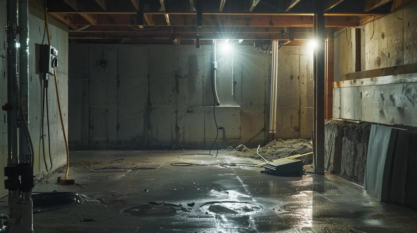 a brightly lit residential basement showcases a professional waterproofing process, featuring exposed concrete walls as contractors in safety gear diligently seal cracks with hydraulic cement and install a french drain along the perimeter, while a sump pump awaits placement in the corner. a brightly lit residential basement showcases a professional waterproofing process, featuring exposed concrete walls as contractors in safety gear diligently seal cracks with hydraulic cement and install a french drain along the perimeter, while a sump pump awaits placement in the corner.