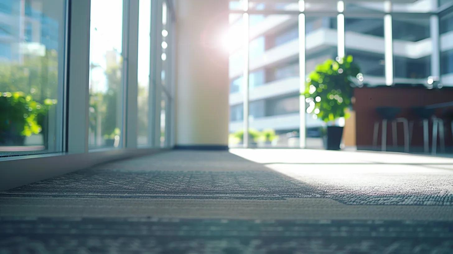 a brightly lit urban office space showcases a professional cleaning team diligently treating a stained carpet, emphasizing the importance of maintenance and prevention against summer floor issues in atlanta.