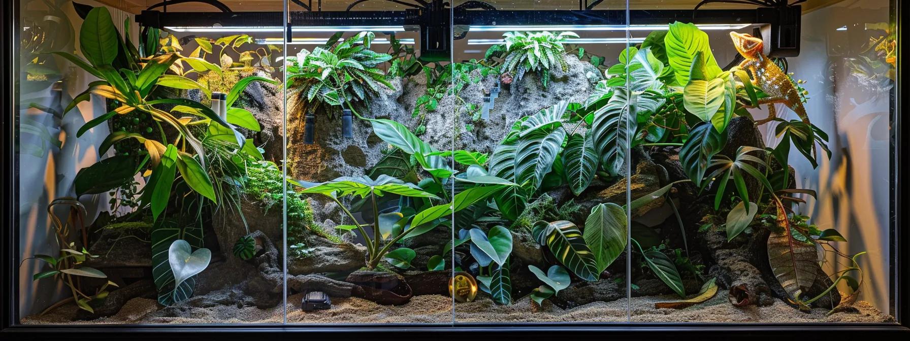a brightly lit, well-organized chameleon habitat displays an array of live insects and hydration systems, showcasing the healthy feeding and hydration setup essential for veiled chameleons' optimal health. a brightly lit, well-organized chameleon habitat displays an array of live insects and hydration systems, showcasing the healthy feeding and hydration setup essential for veiled chameleons' optimal health.