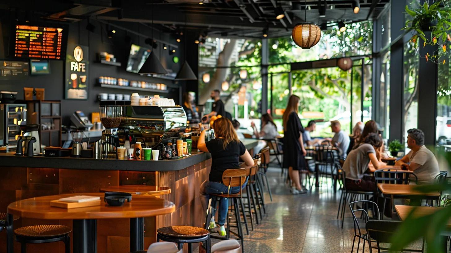 a bustling brisbane café interior showcases a sleek, modern coffee bar featuring expertly roasted beans and vibrant coffee cups, highlighting fire rescue coffee’s commitment to quality and community engagement.