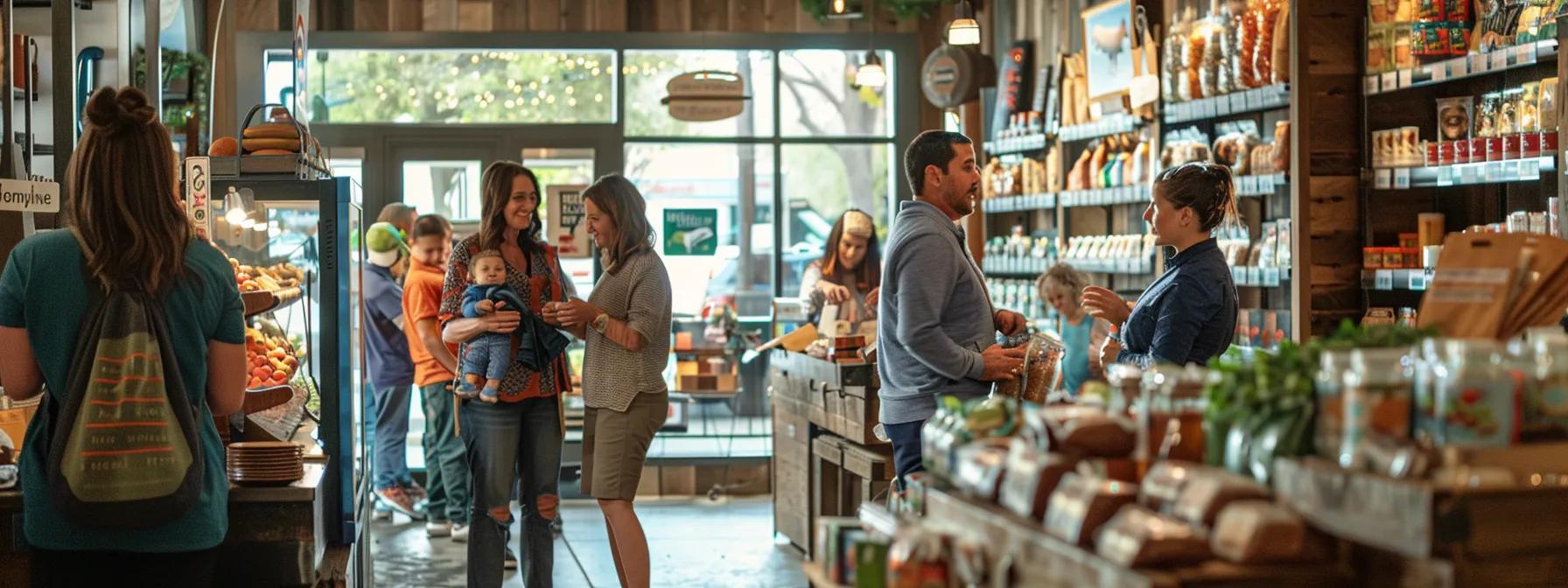 a bustling acworth storefront showcases vibrant displays of family-oriented products as engaged shopkeepers interact warmly with local families, encapsulating the community spirit and support behind local businesses.