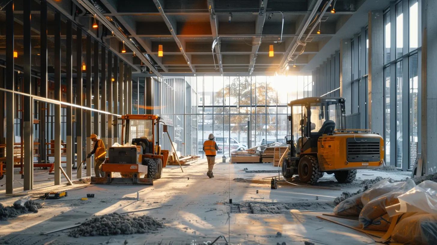 a bustling commercial space undergoing a seamless remodeling process, illuminated by warm natural light, reflecting efficient project management as contractors work swiftly amidst vibrant construction materials. a bustling commercial space undergoing a seamless remodeling process, illuminated by warm natural light, reflecting efficient project management as contractors work swiftly amidst vibrant construction materials.