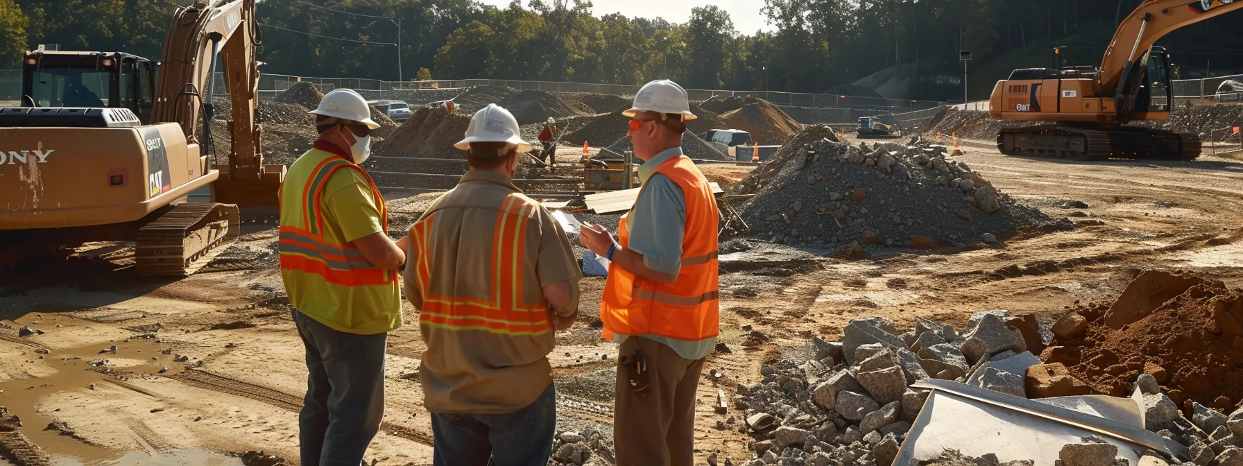 a bustling construction site showcases skilled contractors engaged in detailed discussions over blueprints, surrounded by heavy machinery and organized materials, highlighting the importance of clear communication and meticulous project planning for erosion control installation.