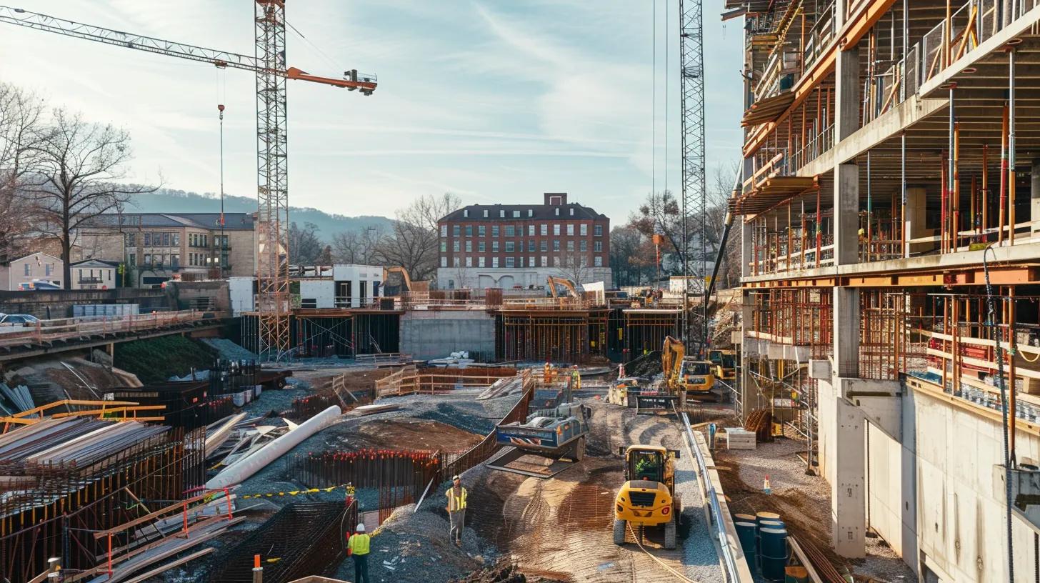 a bustling construction site in knoxville showcases skilled workers meticulously inspecting high-quality materials and utilizing modern techniques, surrounded by partially completed structures that reflect a commitment to craftsmanship and excellence.
