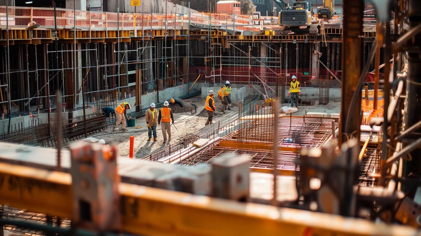 a bustling construction site in tennessee, featuring workers in hard hats and safety gear actively engaging with equipment and materials, set against a backdrop of clear regulatory signage highlighting osha, epa, and ada compliance.