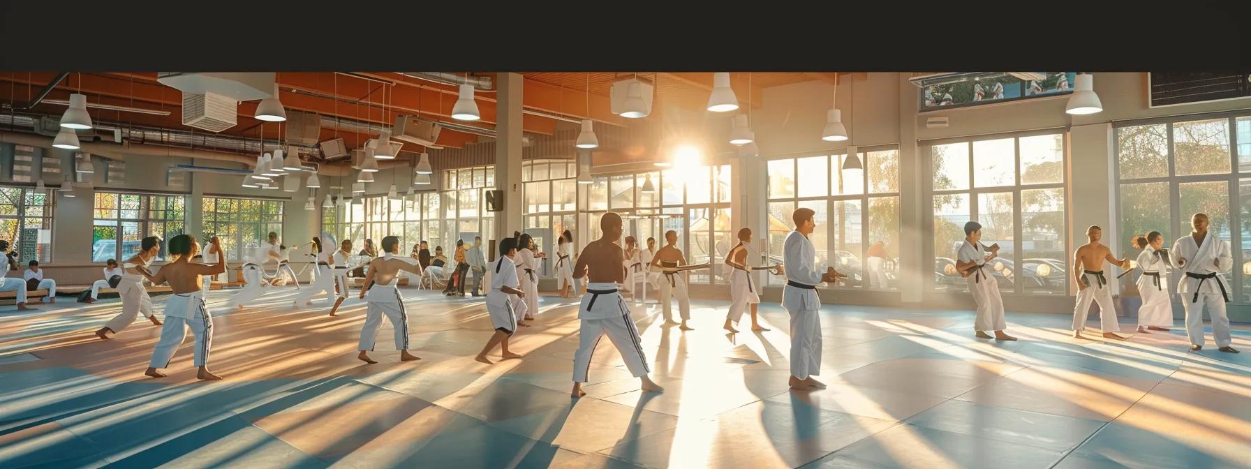 a bustling martial arts school interior, showcasing engaged students practicing techniques while an instructor enthusiastically highlights the benefits of membership through vivid visuals on a digital display, creating an atmosphere of motivation and growth.
